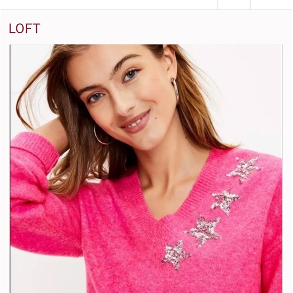 Ann Taylor Loft Pink Shimmer Star V Neck Sweater - Picture 3 of 6